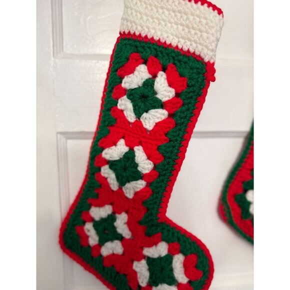 VTG Set of 2 Contrasting Colors Crocheted Small Holiday Christmas Stockings - Picture 2 of 4